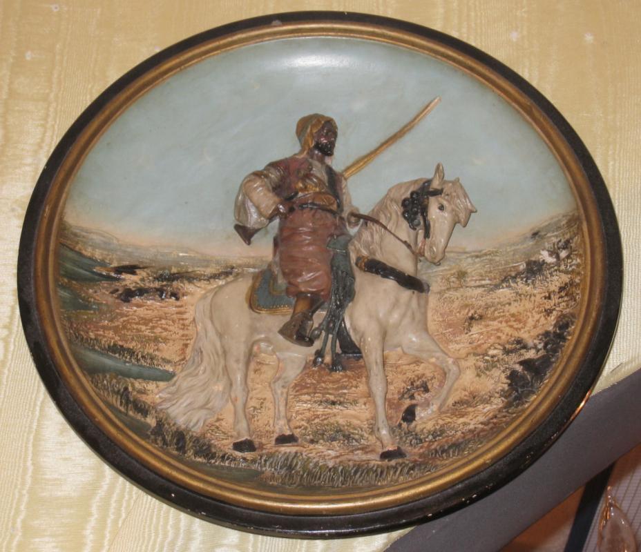 Orientalist Terra Cotta Ceramic Charger Plaque by Johann Maresch Depicting Arab on Horseback