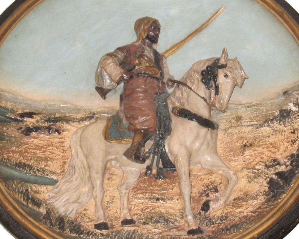 Orientalist Terra Cotta Ceramic Charger Plaque by Johann Maresch Depicting Arab on Horseback