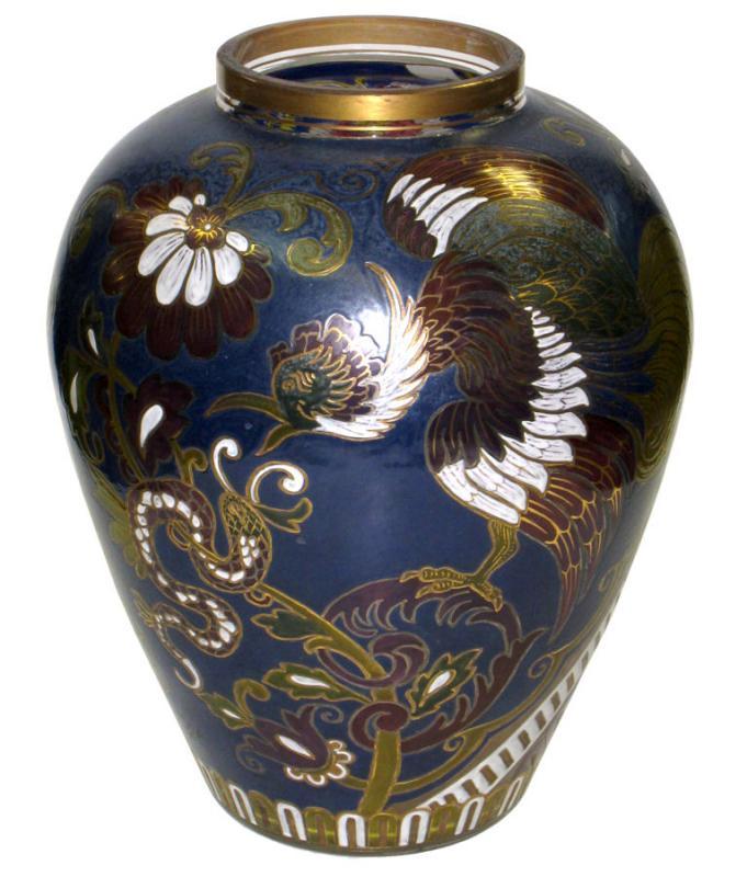Fritz Heckert Enameled & Etched Vase with Eagle