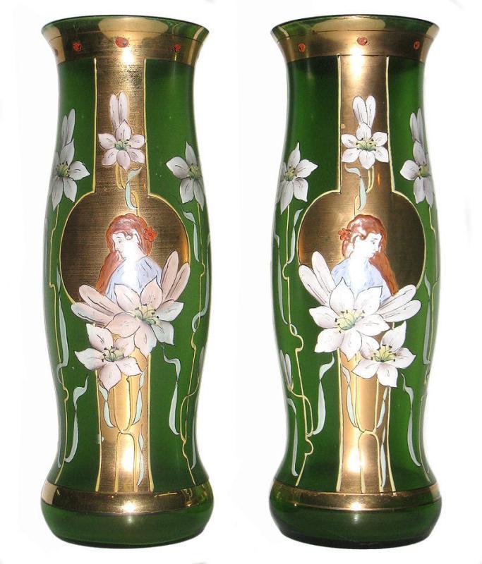 Pair Antique Art Nouveau Gilt & Enameled Glass Vases