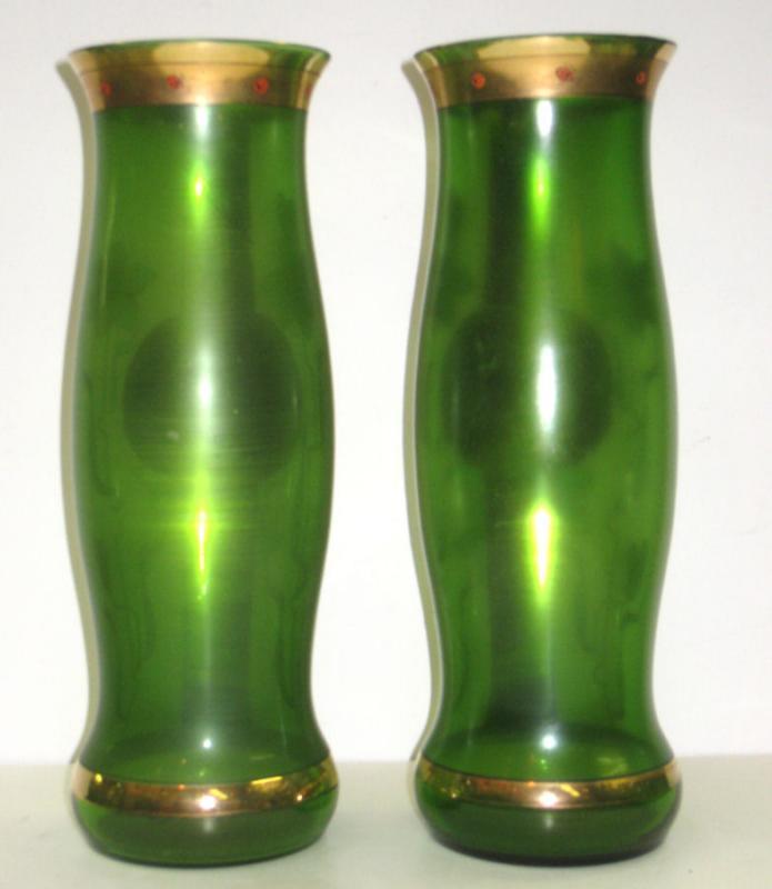 Pair Antique Art Nouveau Gilt & Enameled Glass Vases