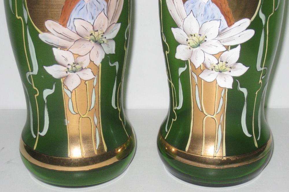 Pair Antique Art Nouveau Gilt & Enameled Glass Vases