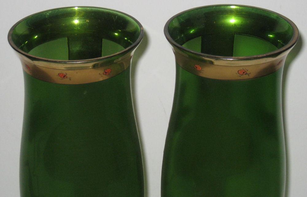 Pair Antique Art Nouveau Gilt & Enameled Glass Vases
