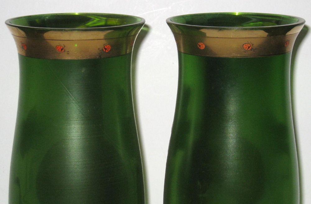 Pair Antique Art Nouveau Gilt & Enameled Glass Vases