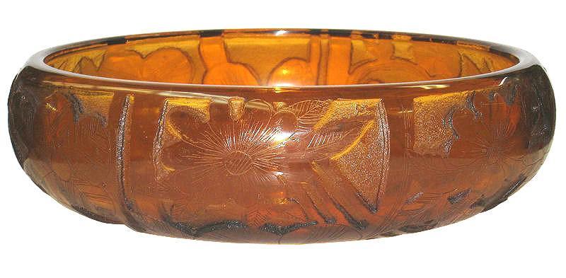 Moser Art Deco Period Orange Acid-Etched Centerpiece Bowl