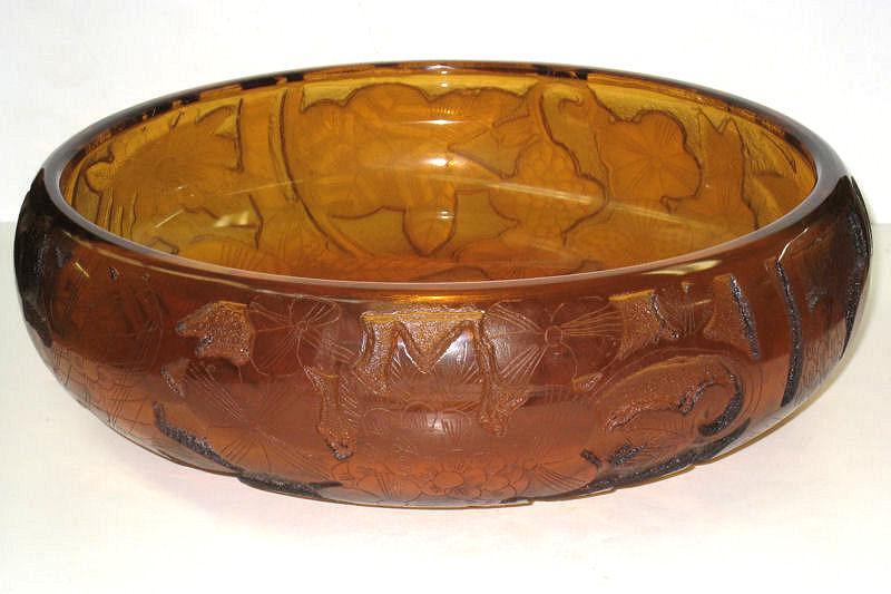 Moser Art Deco Period Orange Acid-Etched Centerpiece Bowl