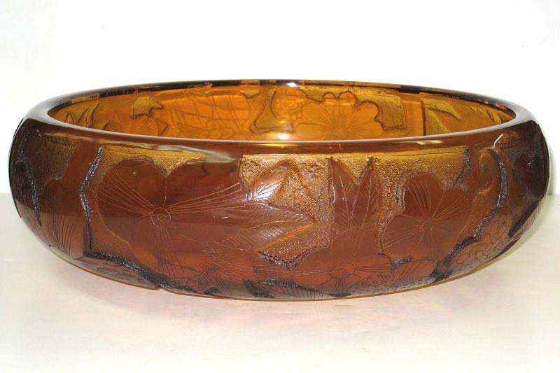 Moser Art Deco Period Orange Acid-Etched Centerpiece Bowl