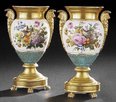 Pair of Exceptional Paris Porcelain Gilded & Floral Painted Vases