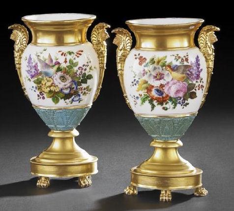 Pair of Exceptional Paris Porcelain Gilded & Floral Painted Vases