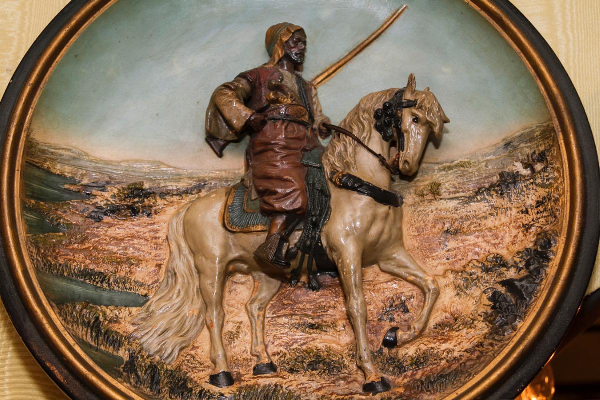 Orientalist Terra Cotta Ceramic Charger Plaque by Johann Maresch Depicting Arab on Horseback