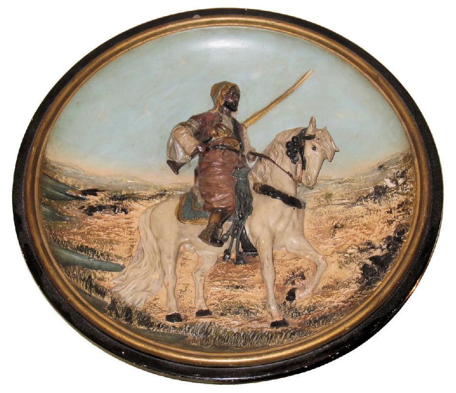 Orientalist Terra Cotta Ceramic Charger Plaque by Johann Maresch Depicting Arab on Horseback