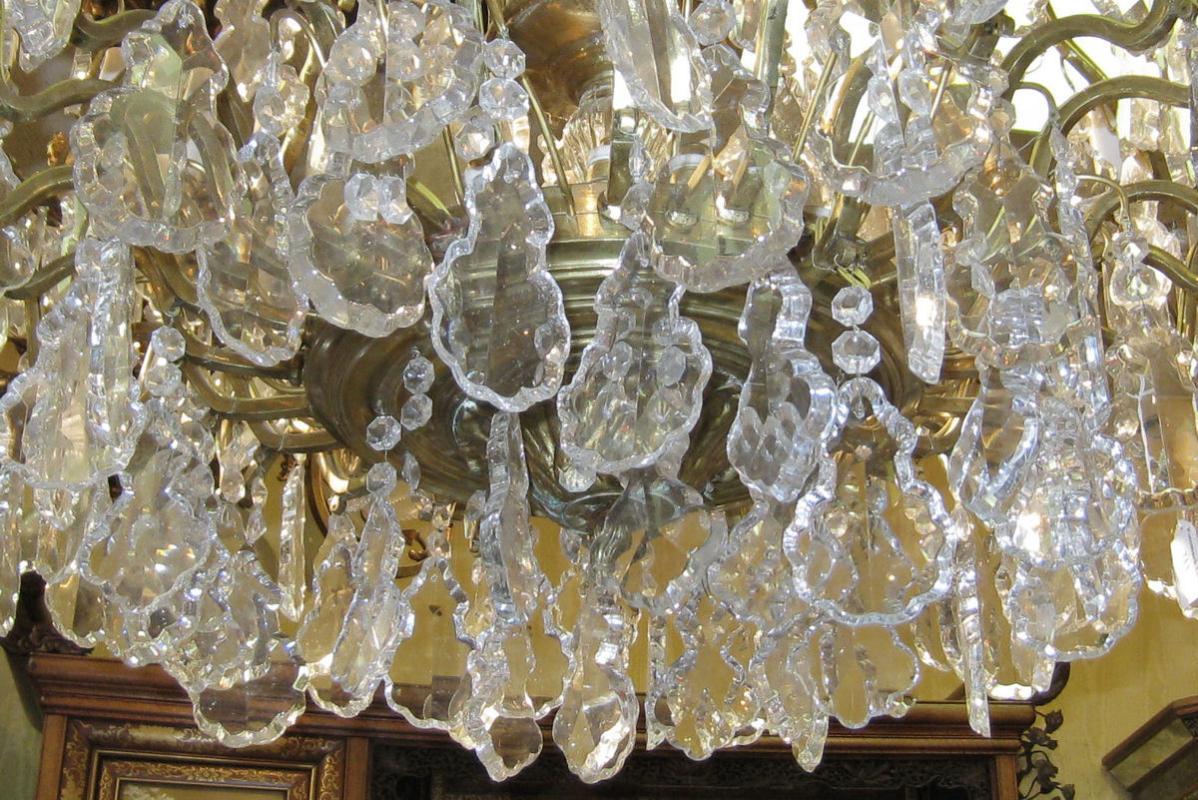 Palatial Antique 34-Candle Brass and Crystal Chandelier