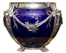 Neoclassical Cobalt Blue Ceramic & Silvered Bronze Jardiniere Pot Centerpiece