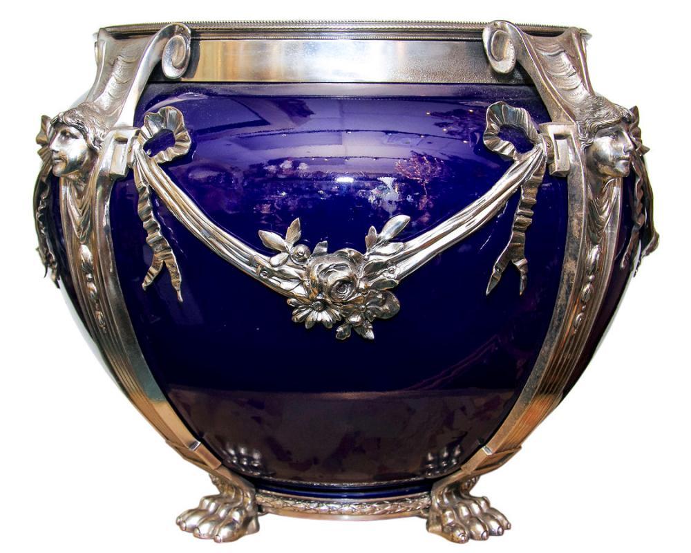 Neoclassical Cobalt Blue Ceramic & Silvered Bronze Jardiniere Pot Centerpiece