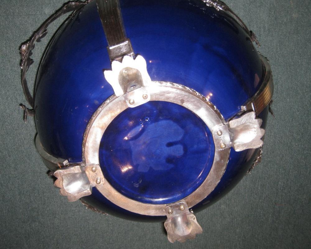 Neoclassical Cobalt Blue Ceramic & Silvered Bronze Jardiniere Pot Centerpiece