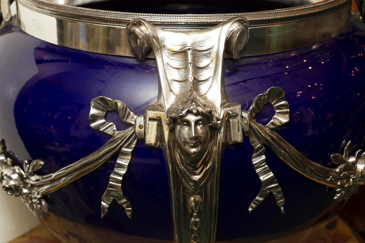 Neoclassical Cobalt Blue Ceramic & Silvered Bronze Jardiniere Pot Centerpiece