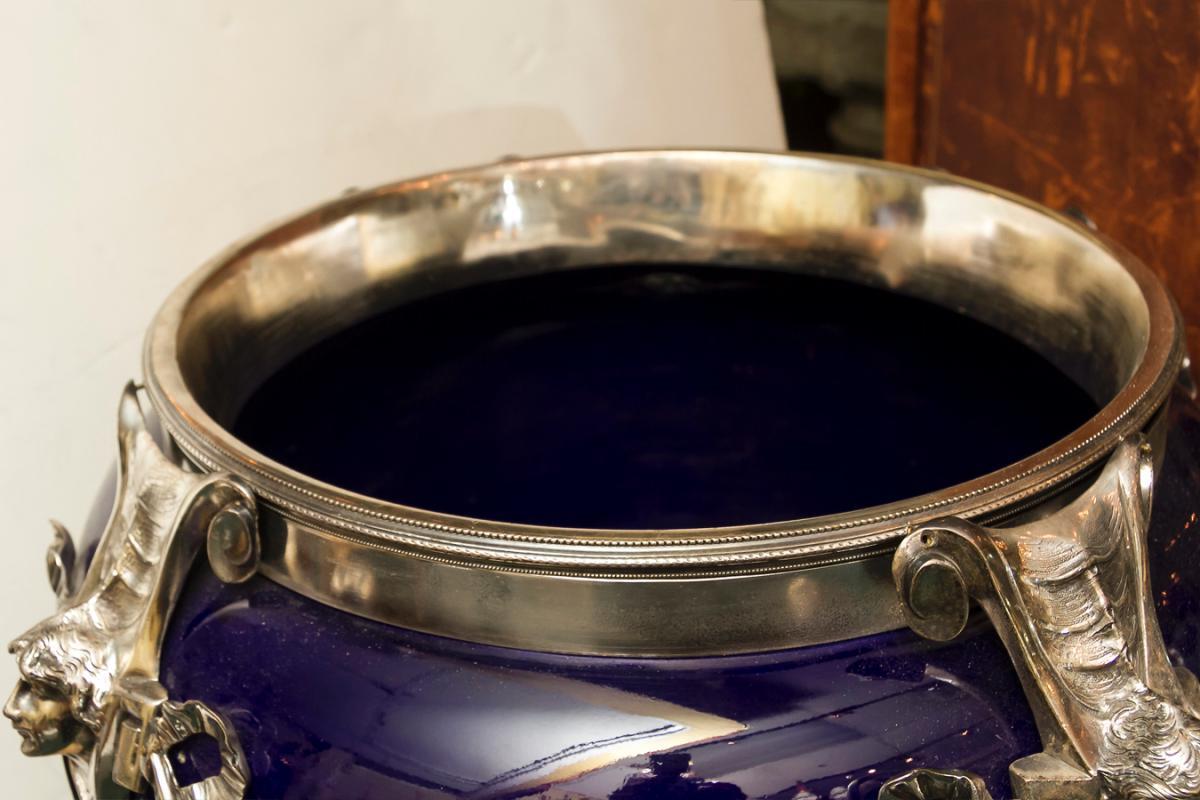 Neoclassical Cobalt Blue Ceramic & Silvered Bronze Jardiniere Pot Centerpiece