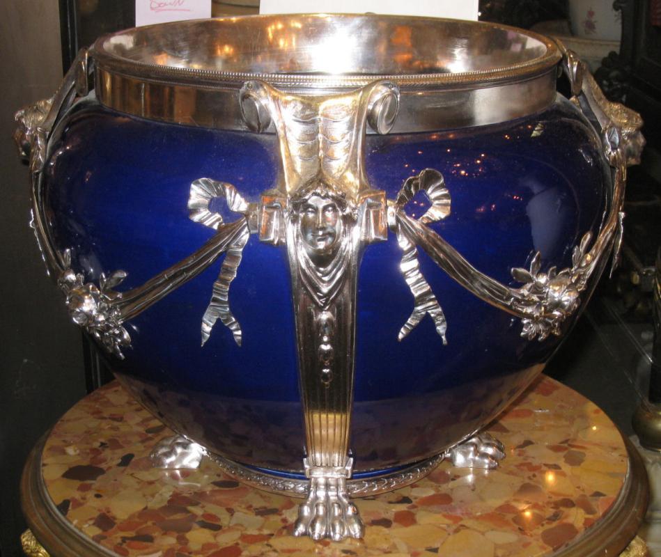 Neoclassical Cobalt Blue Ceramic & Silvered Bronze Jardiniere Pot Centerpiece