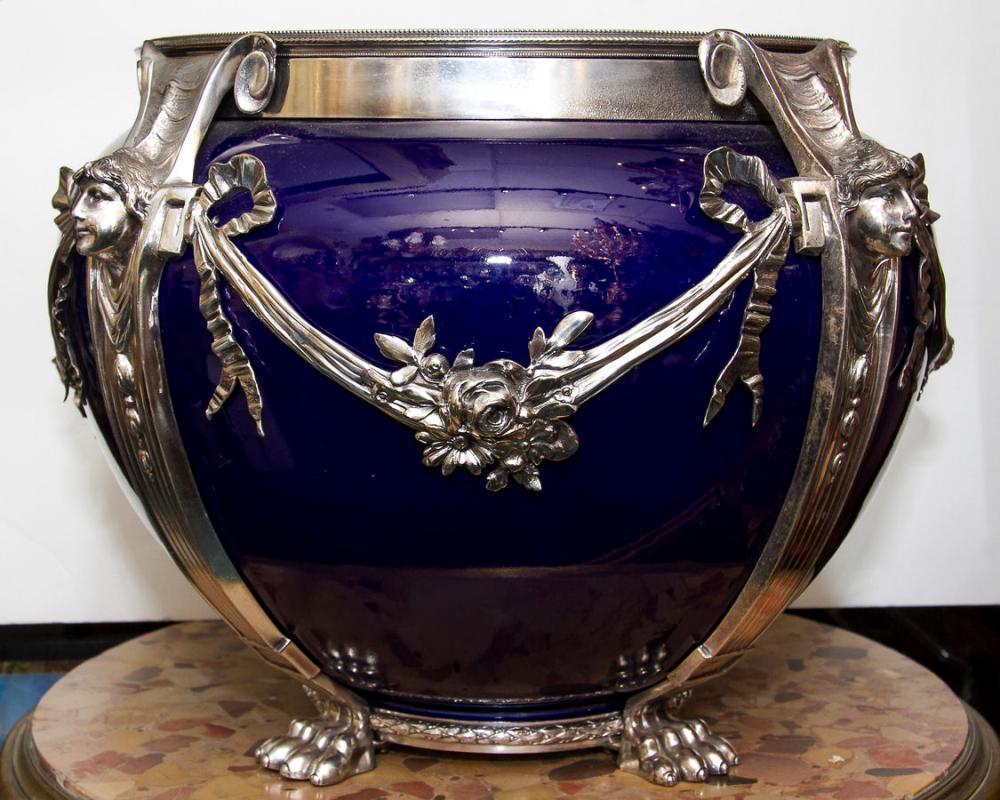 Neoclassical Cobalt Blue Ceramic & Silvered Bronze Jardiniere Pot Centerpiece
