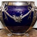 Neoclassical Cobalt Blue Ceramic & Silvered Bronze Jardiniere Pot Centerpiece