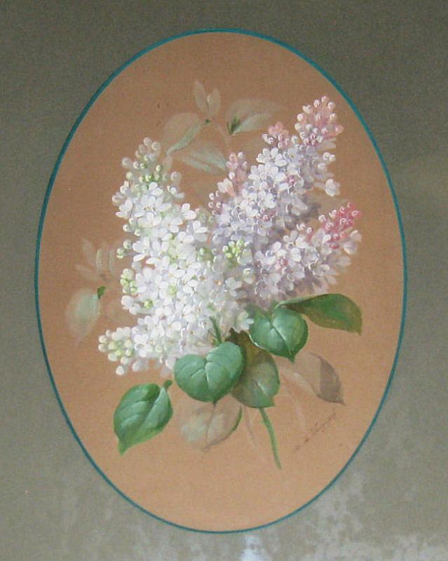 Antique French Lilac Floral Gouache Painting by Raoul Maucherat de Longpre