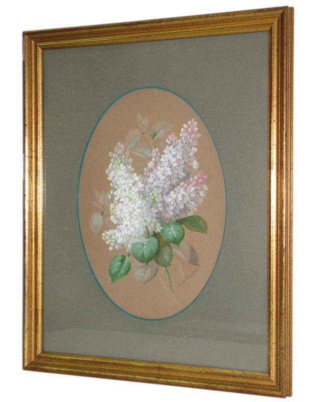 Antique French Lilac Floral Gouache Painting by Raoul Maucherat de Longpre