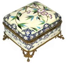 French Faience Ceramic Bronze Mounted Jewelry Dresser Box from Creil Montereau