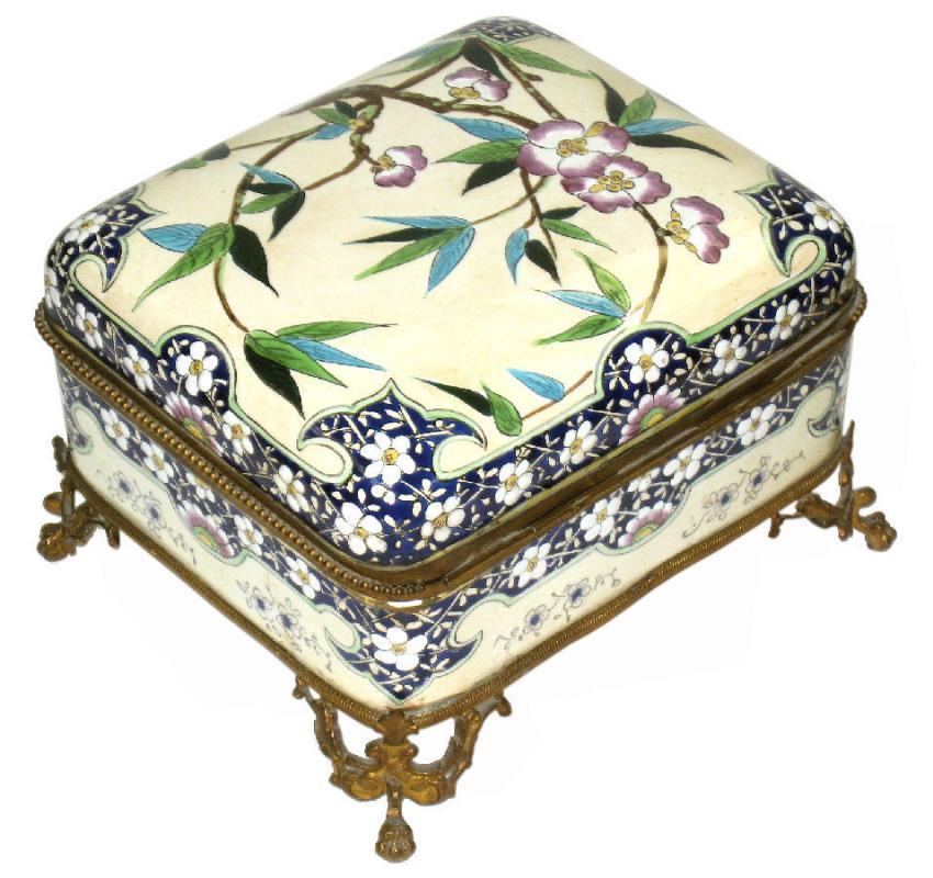 French Faience Ceramic Bronze Mounted Jewelry Dresser Box from Creil Montereau