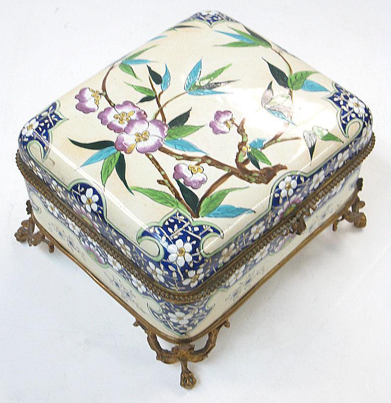 French Faience Ceramic Bronze Mounted Jewelry Dresser Box from Creil Montereau