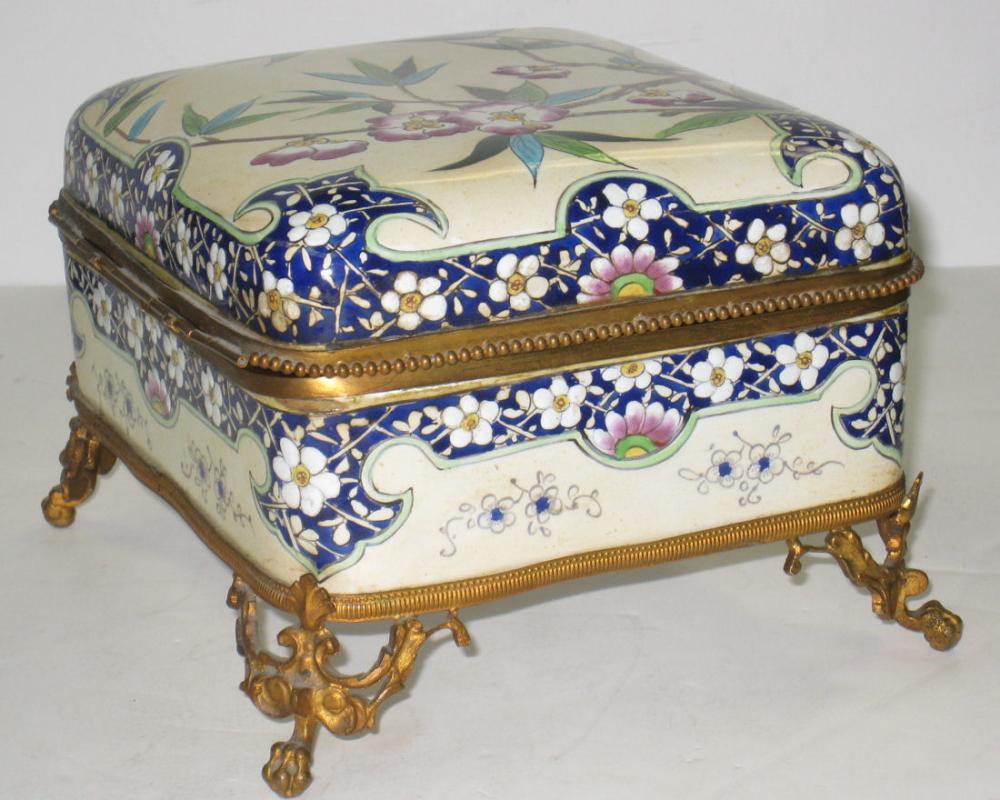 French Faience Ceramic Bronze Mounted Jewelry Dresser Box from Creil Montereau