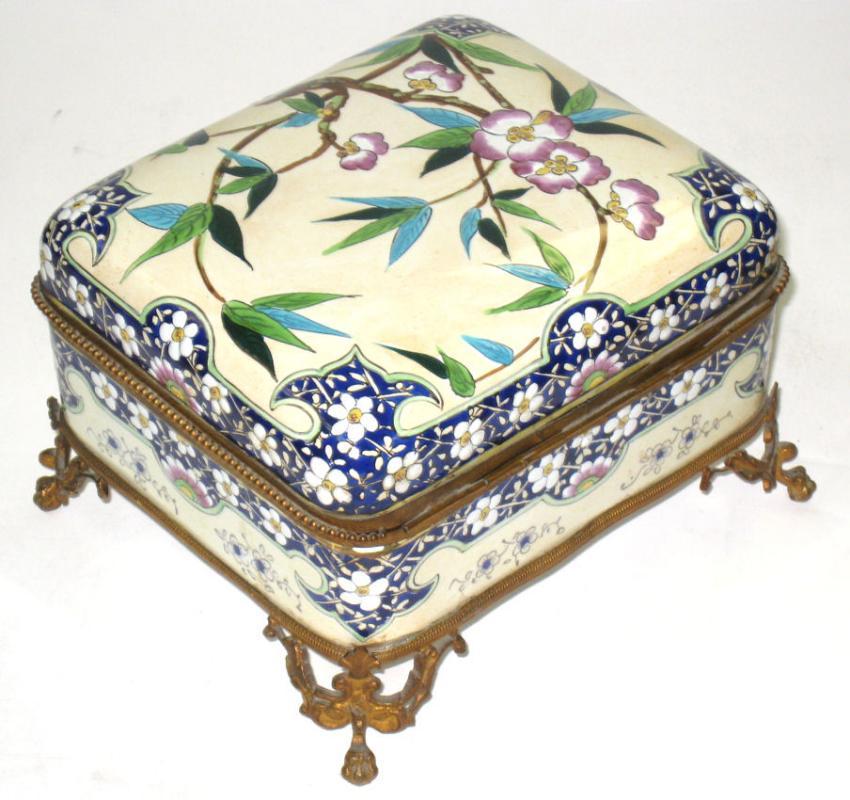 French Faience Ceramic Bronze Mounted Jewelry Dresser Box from Creil Montereau