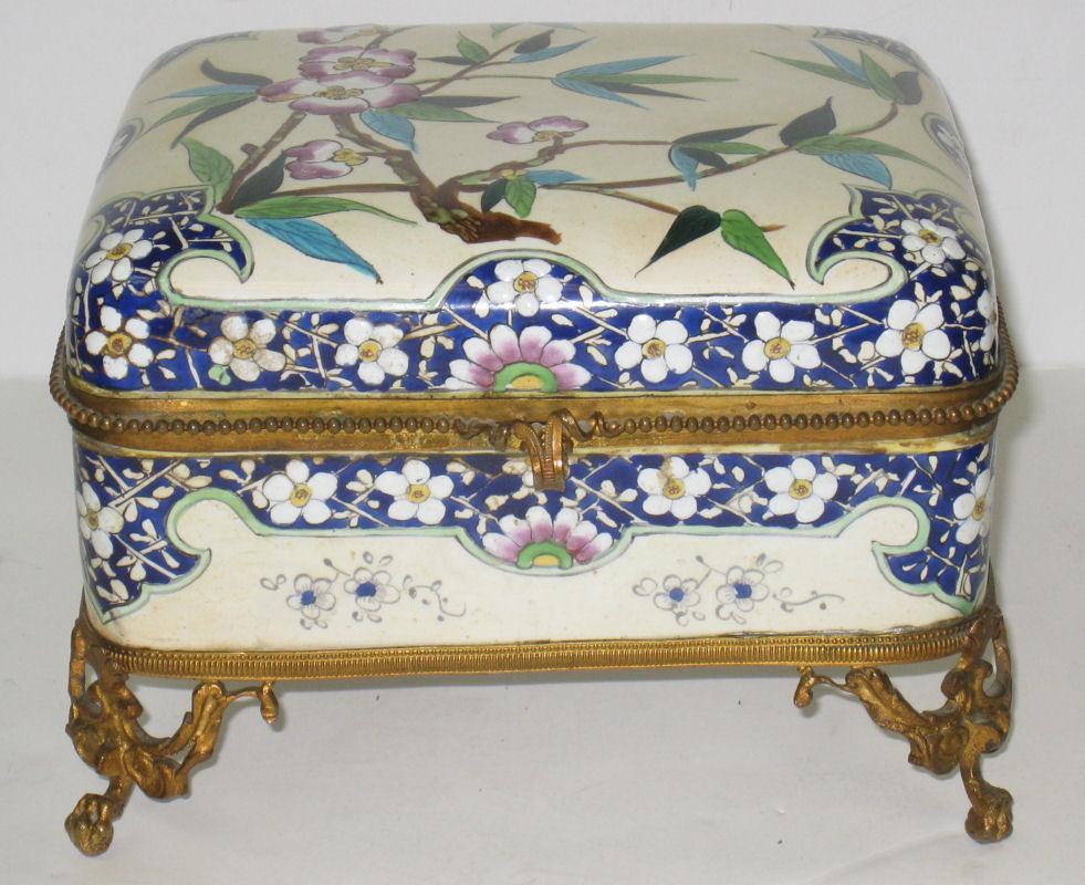 French Faience Ceramic Bronze Mounted Jewelry Dresser Box from Creil Montereau