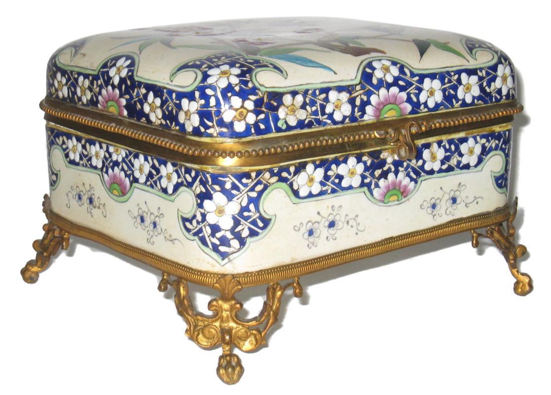 French Faience Ceramic Bronze Mounted Jewelry Dresser Box from Creil Montereau