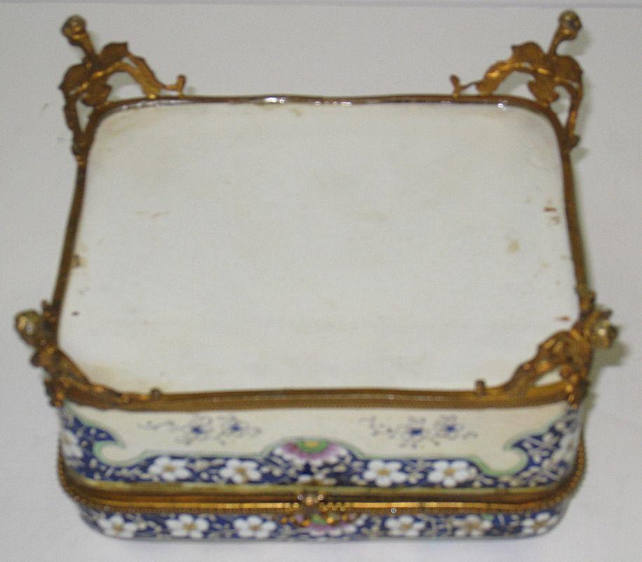 French Faience Ceramic Bronze Mounted Jewelry Dresser Box from Creil Montereau