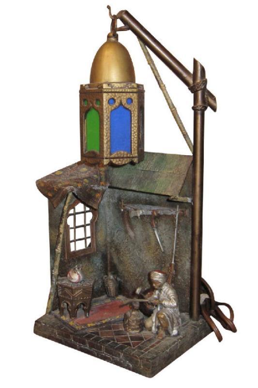 Vintage Orientalist Cold Painted Metal Lamp in Manner of Franz Bergman