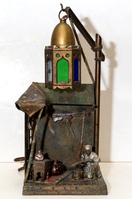 Vintage Orientalist Cold Painted Metal Lamp in Manner of Franz Bergman