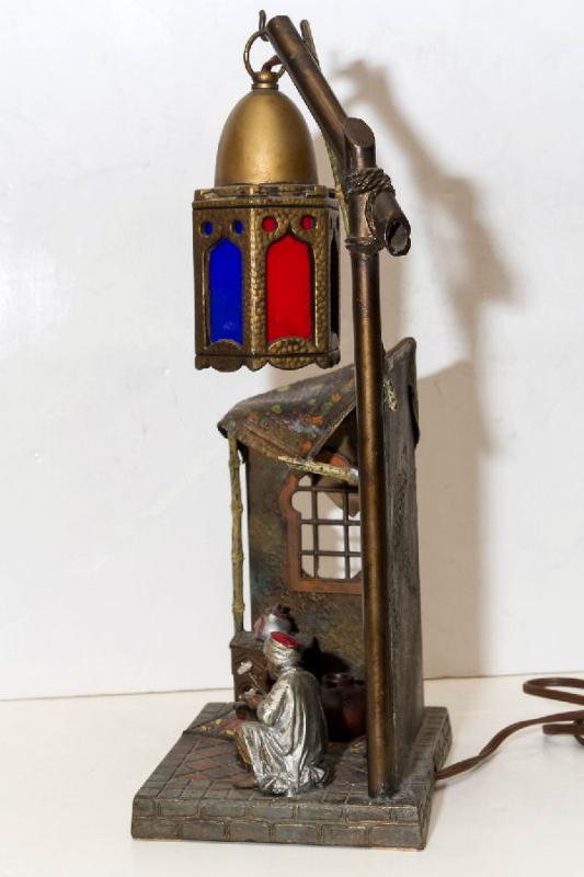 Vintage Orientalist Cold Painted Metal Lamp in Manner of Franz Bergman