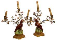 Pair Antique Porcelain & Metal Parrot Candelabra Table Lamps