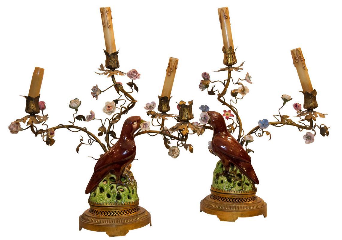 Pair Antique Porcelain & Metal Parrot Candelabra Table Lamps