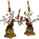 Pair Antique Porcelain & Metal Parrot Candelabra Table Lamps