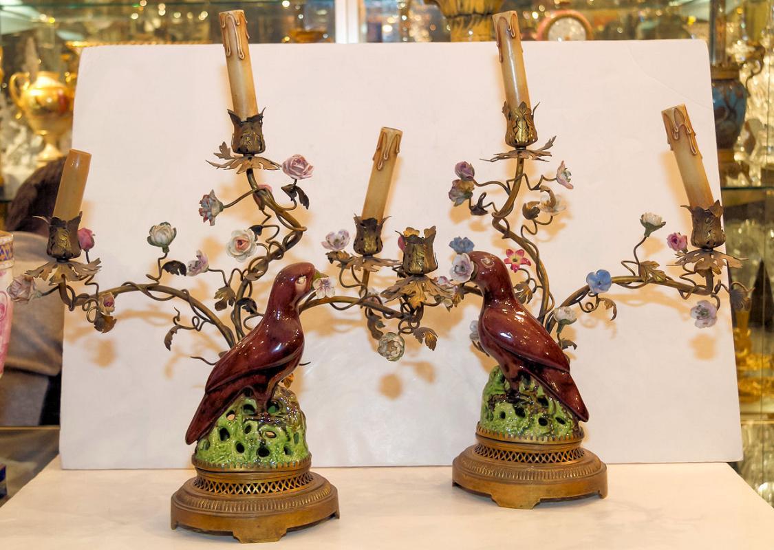 Pair Antique Porcelain & Metal Parrot Candelabra Table Lamps