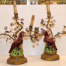 Pair Antique Porcelain & Metal Parrot Candelabra Table Lamps