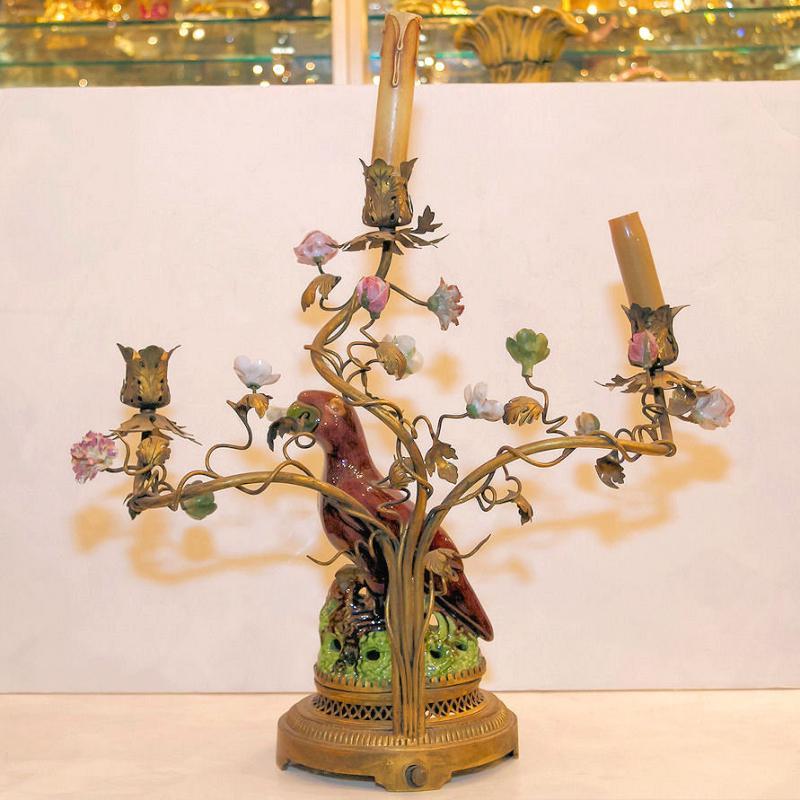 Pair Antique Porcelain & Metal Parrot Candelabra Table Lamps