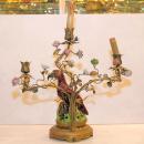 Pair Antique Porcelain & Metal Parrot Candelabra Table Lamps
