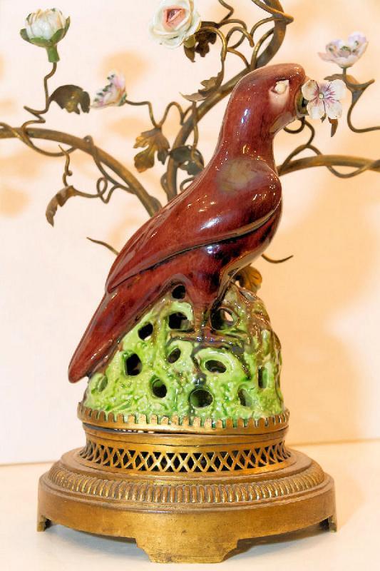Pair Antique Porcelain & Metal Parrot Candelabra Table Lamps