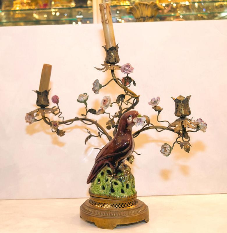 Pair Antique Porcelain & Metal Parrot Candelabra Table Lamps