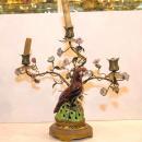 Pair Antique Porcelain & Metal Parrot Candelabra Table Lamps