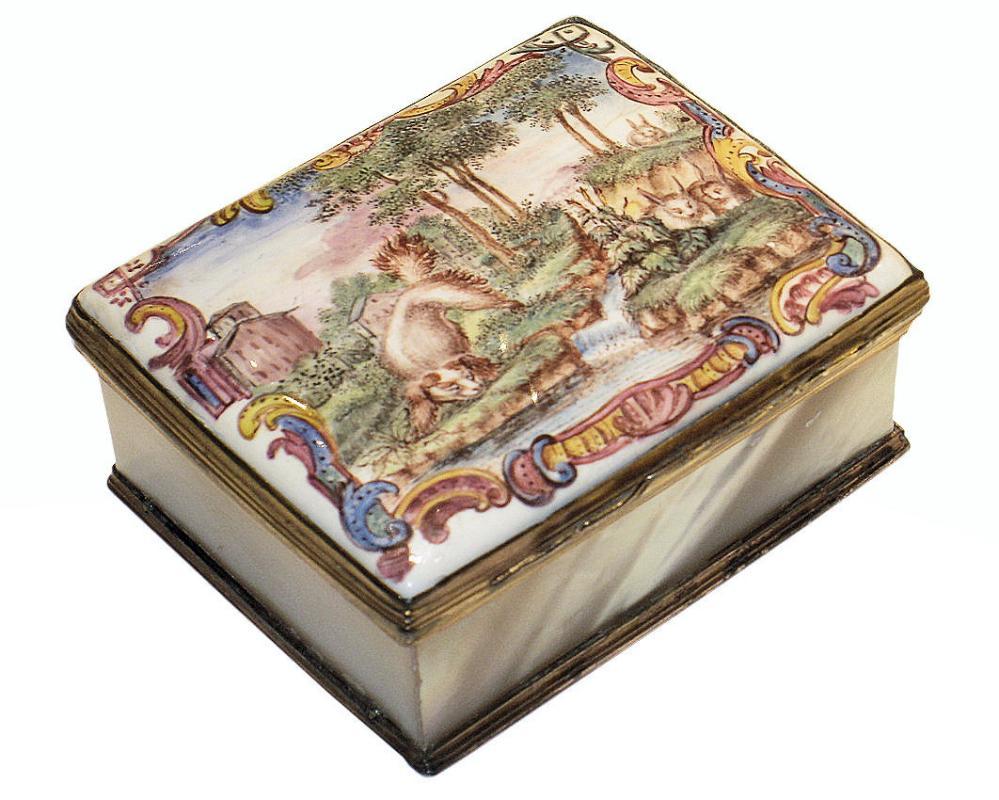 Antique Russian Mother of Pearl & Enameled Metal Snuff Box with Fox Motif