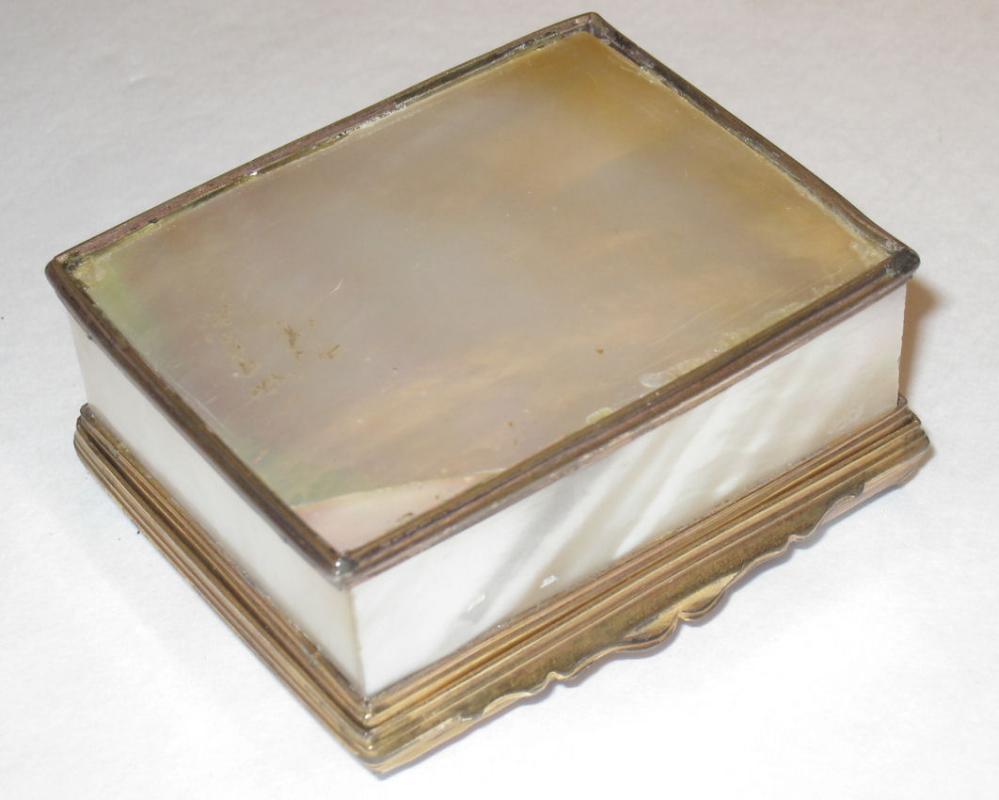 Antique Russian Mother of Pearl & Enameled Metal Snuff Box with Fox Motif