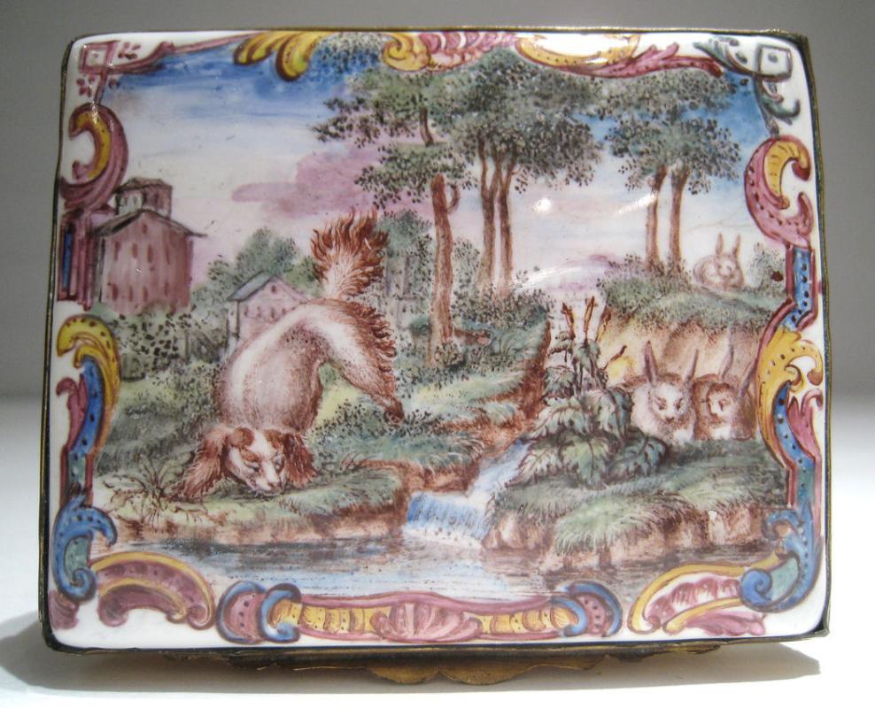 Antique Russian Mother of Pearl & Enameled Metal Snuff Box with Fox Motif